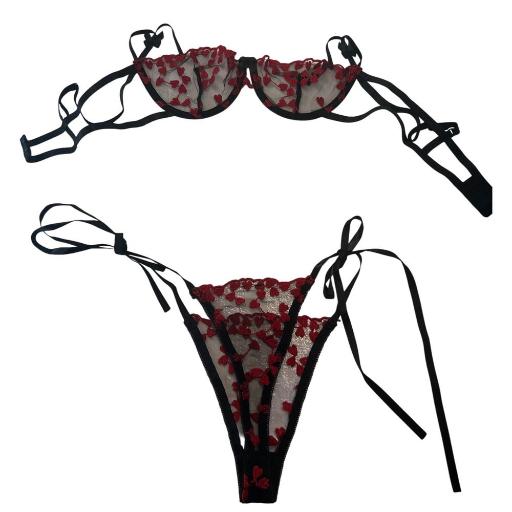 Red Heart Lingerie Set Sheer Mesh‎ Bra and Panty Tie Side Valentine's Day Medium